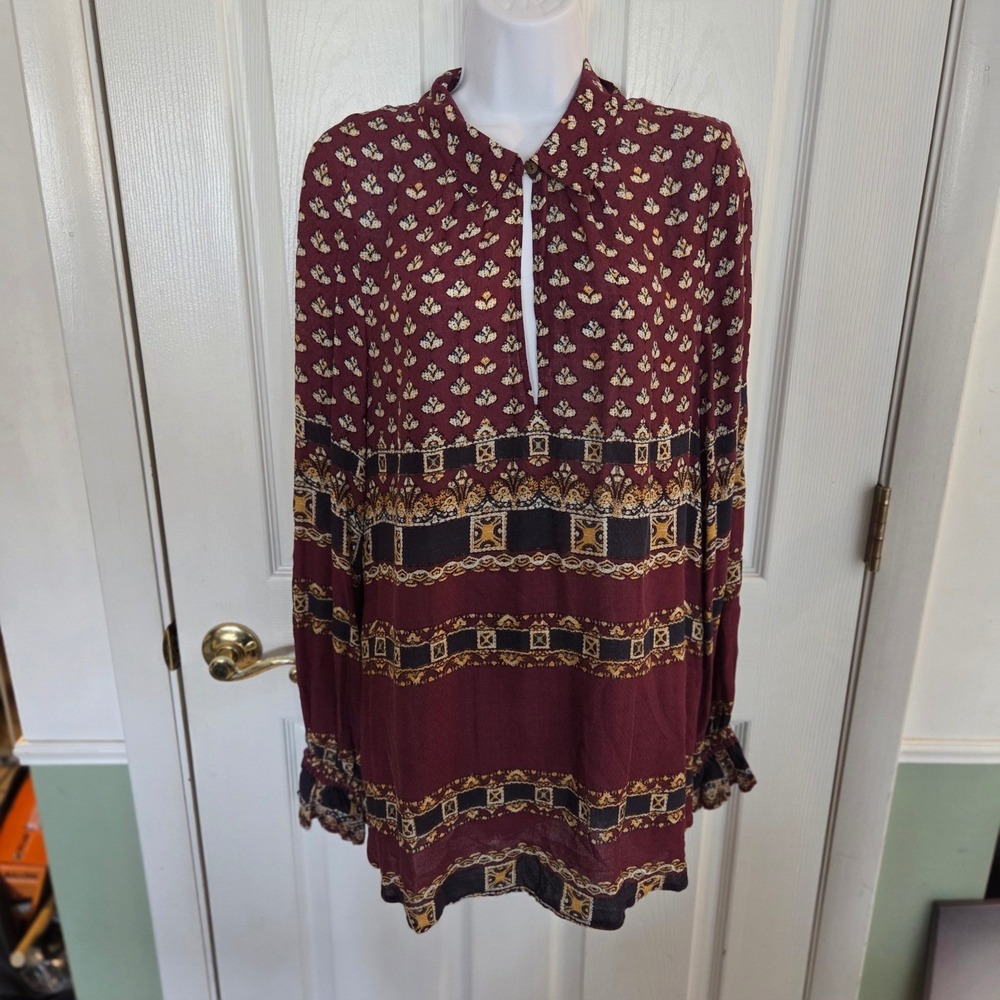 Free People M Burgundy Floral Tunic Blouse Ruffle Cuff Patterned Bohemian Fall